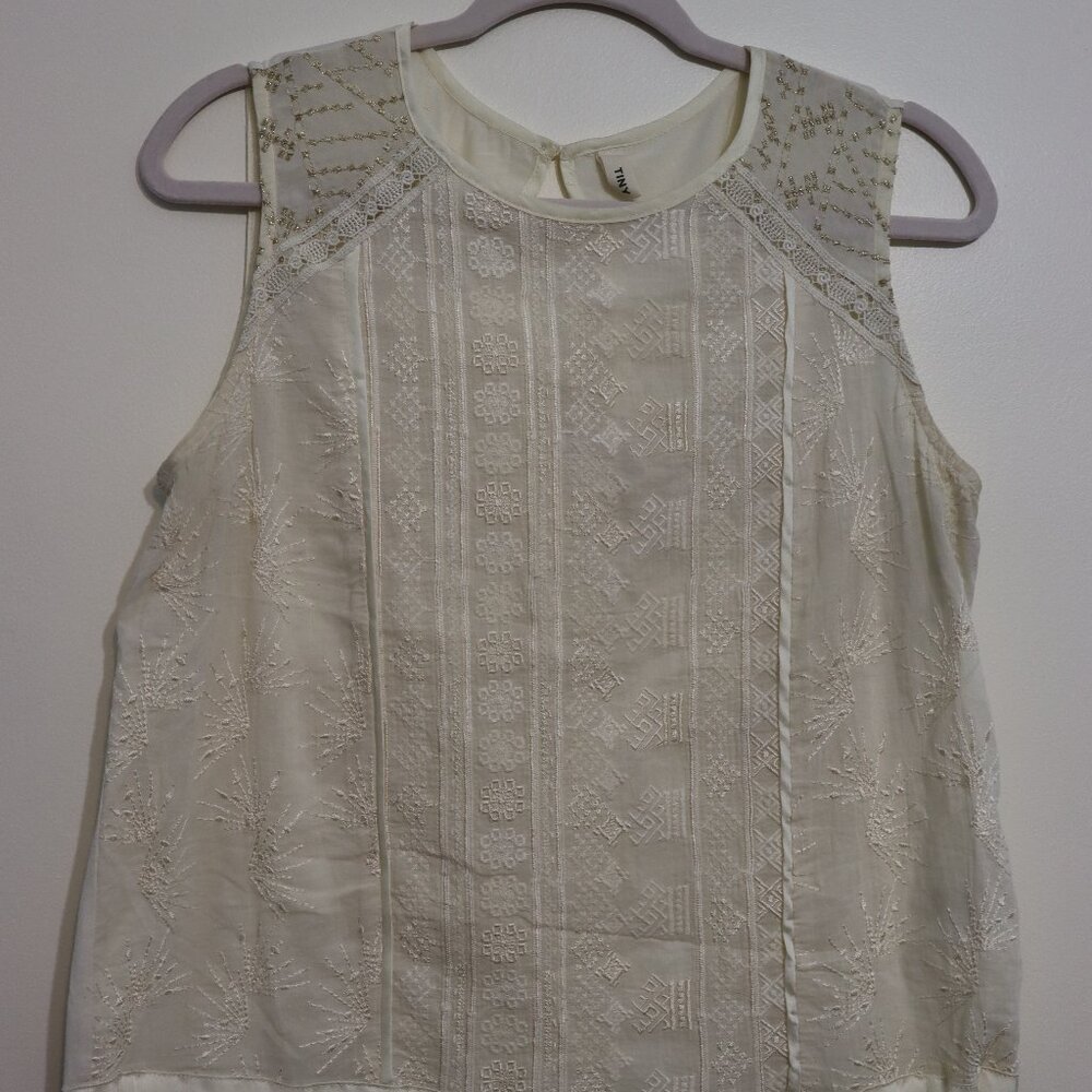 Tiny Embroidered Lace Sleeveless Tank Blouse Cream Gold Womens M